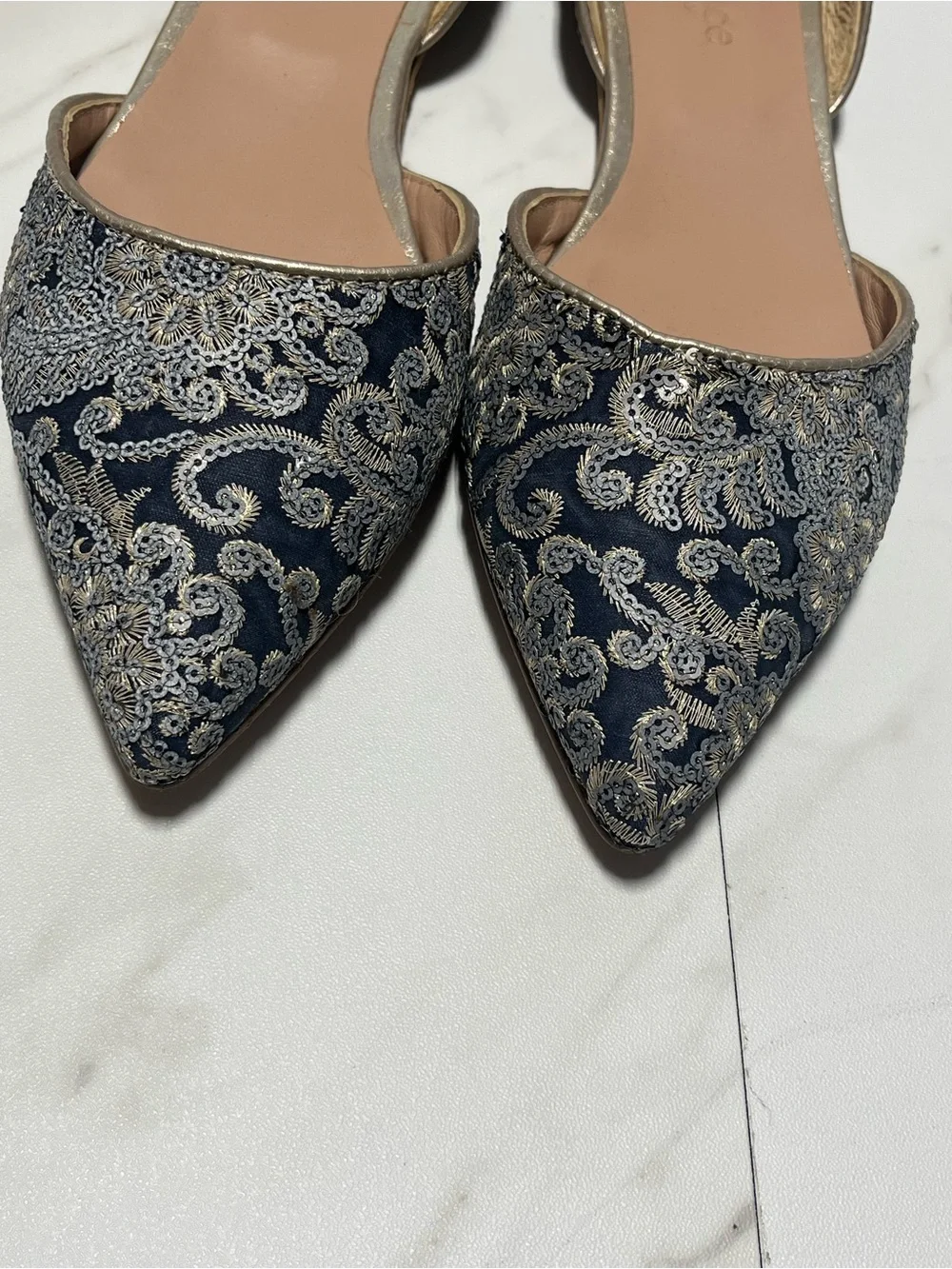 Sundance D'Orsay Flats Blue Sequin Embroidered Lace Pointed Toe Italian Made 41